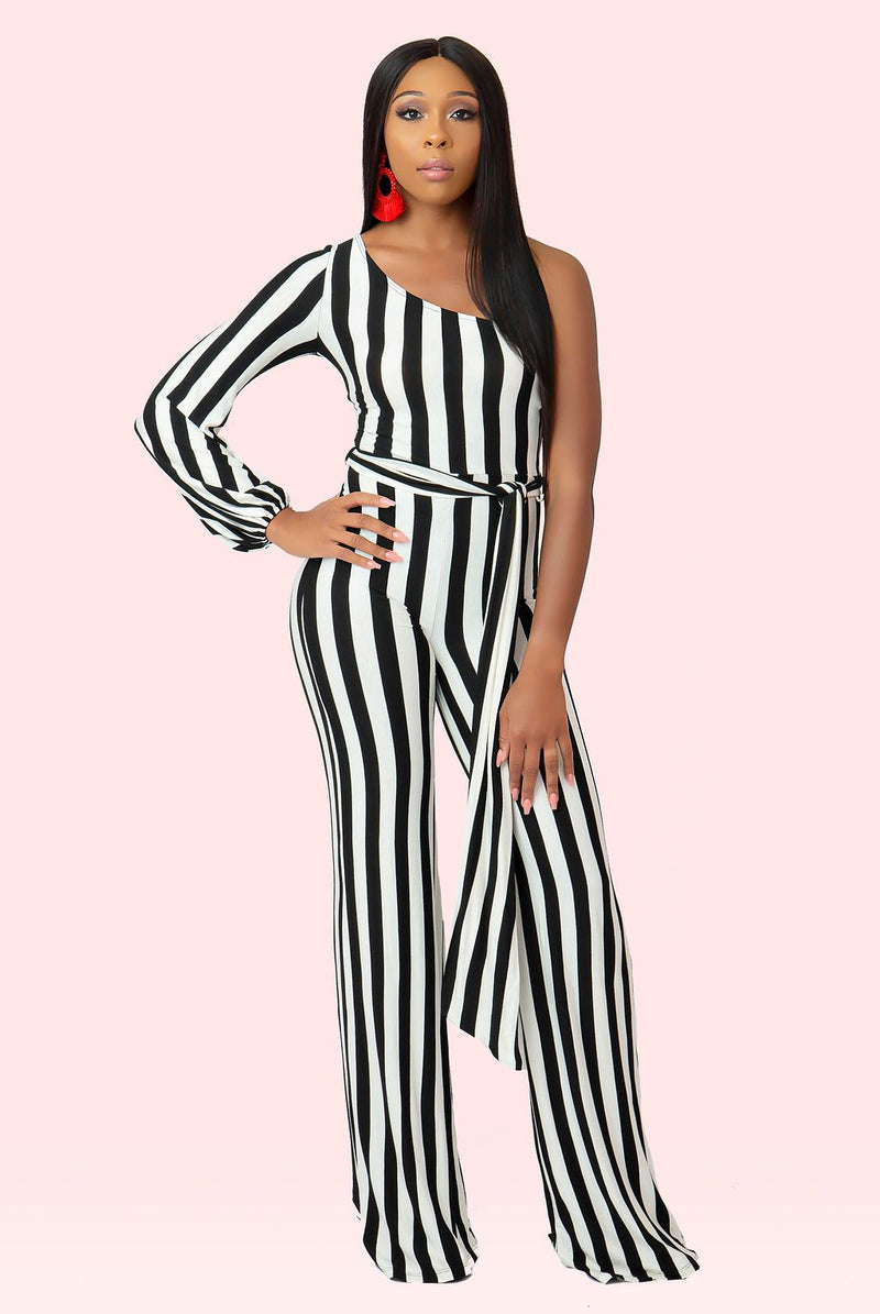Striped One Sleeve Jumpsuit