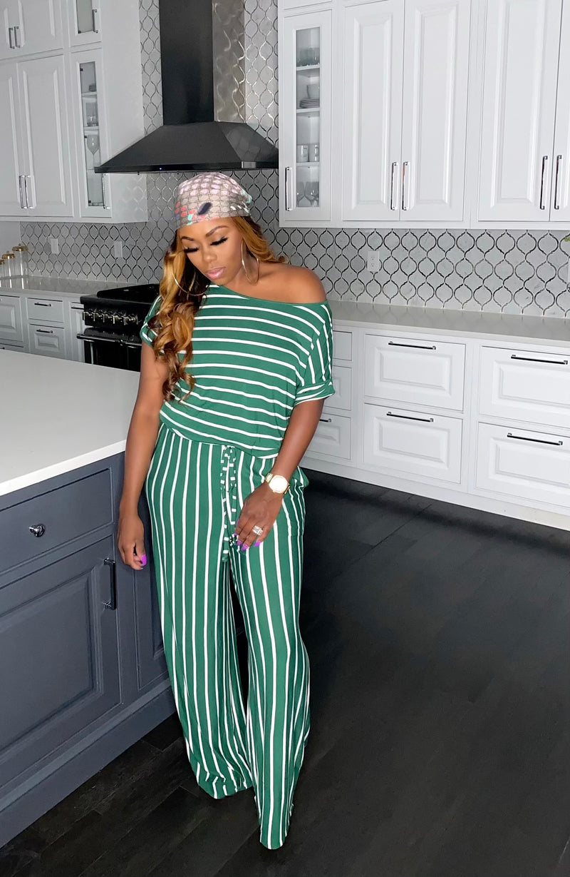 Chill Day" Striped Jumpsuit Plus (Green)
