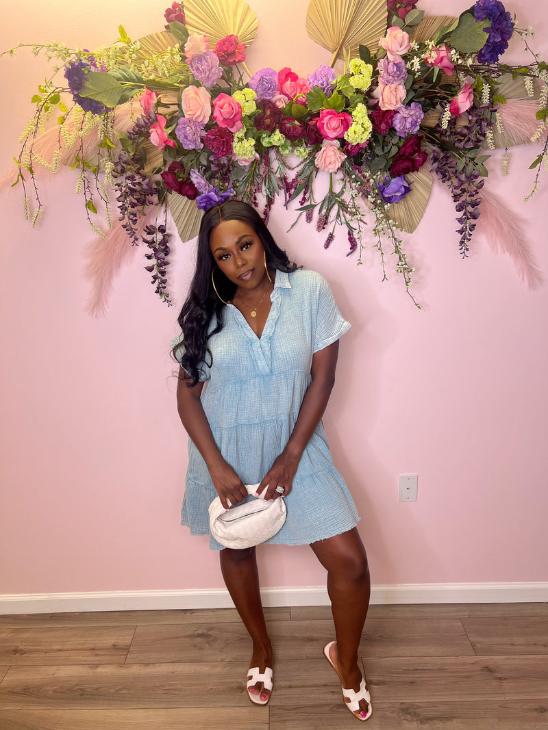 Pink dress blue sales flowers