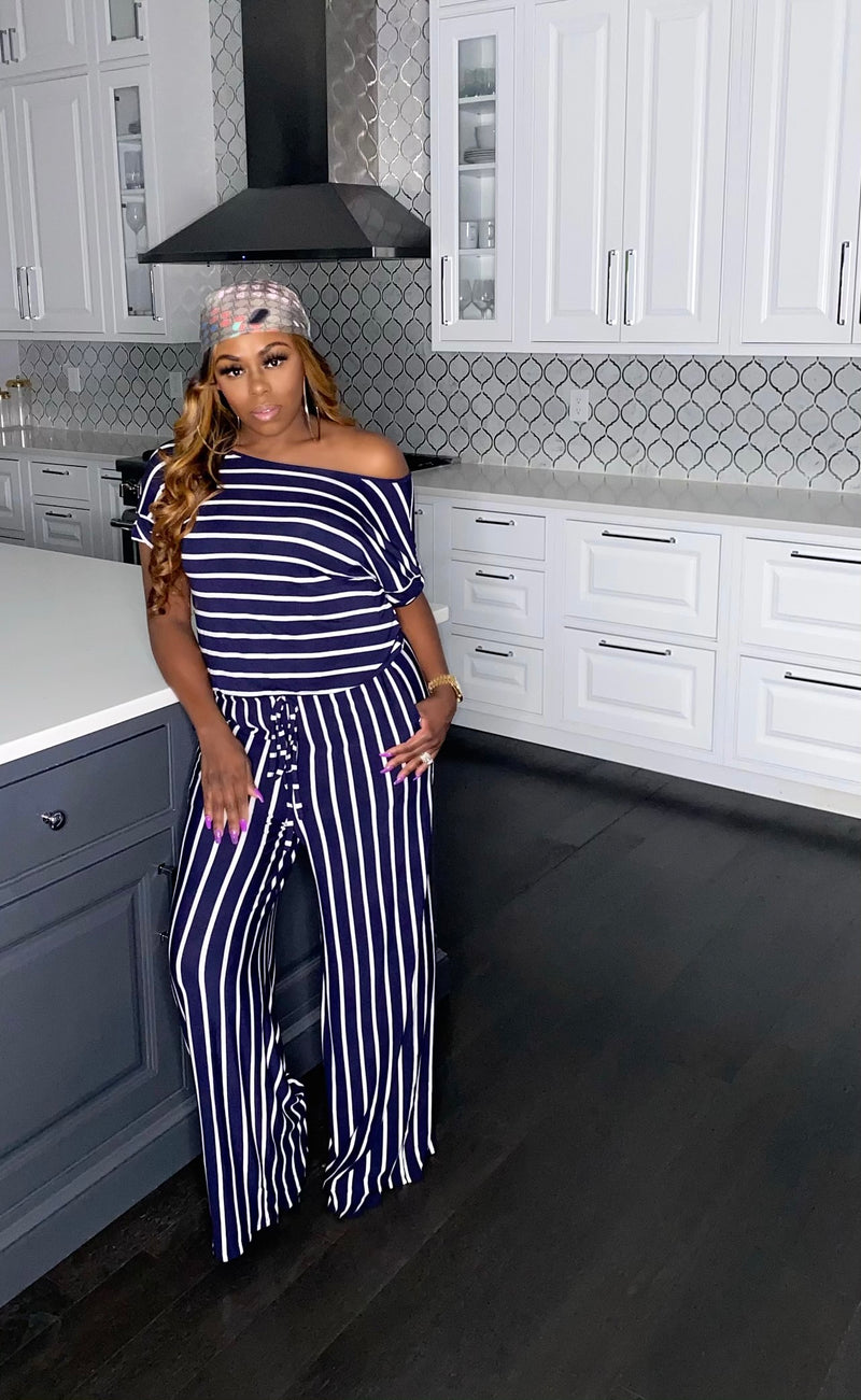"Chill Day" Striped Jumpsuit Plus (Navy)