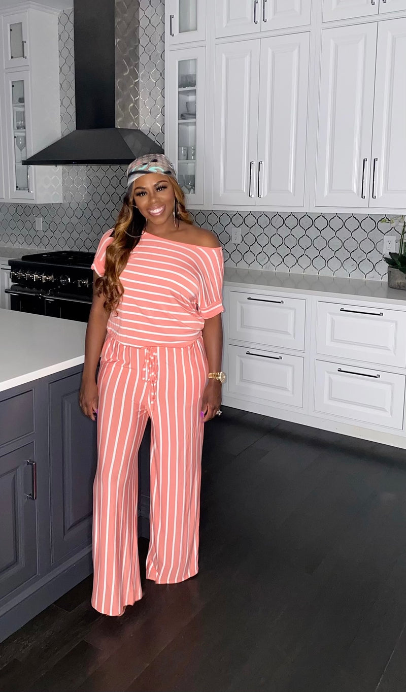 Chill Day" Striped Jumpsuit (Coral)